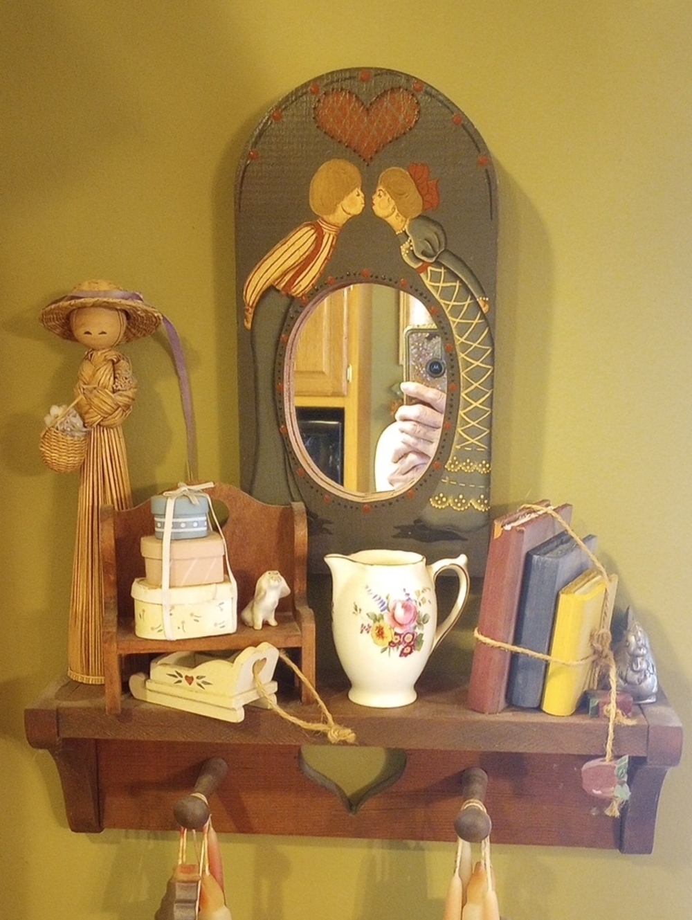 Hand-Painted Folk Art Wall Mirror Shelf — Olive Green & Mustard Accents - Picture 1 of 4